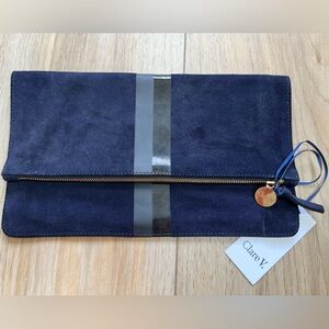 Clare V. Navy and stripe fold-over clutch